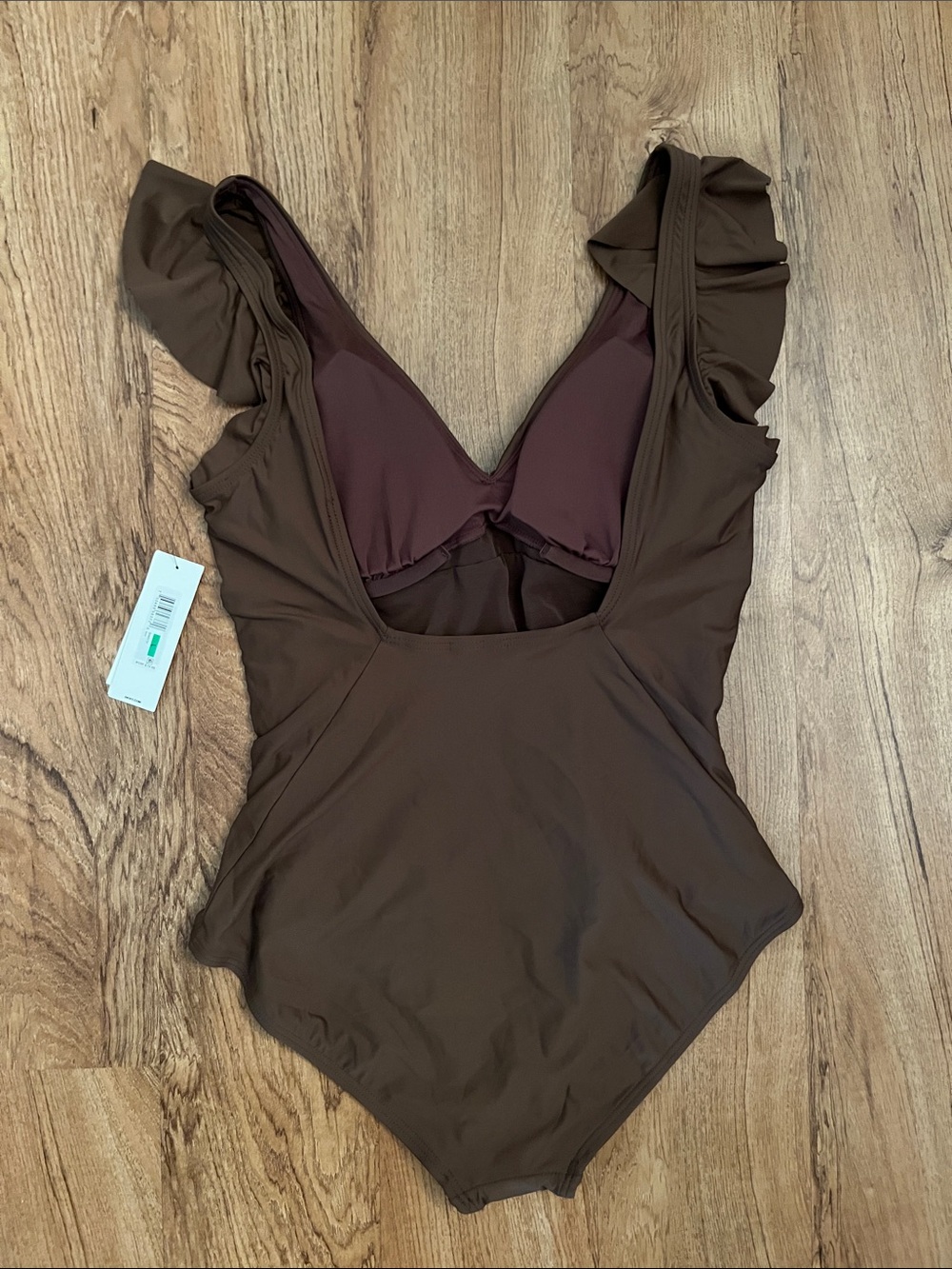 NWT DKNY Ruffle Plunge Underwire Tummy Control One Piece Swimsuit Mocha - Picture 7 of 8